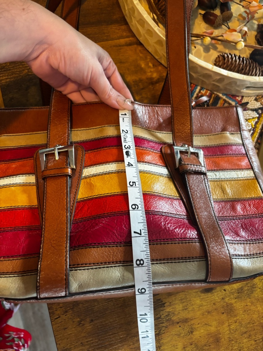 Etienne Aigner Striped Leather Tote Shoulder Bag Brown Multicolor - Picture 7 of 9